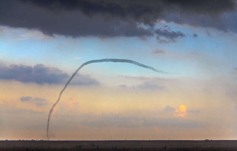 A roping out tornado near Wakita, OK on September 17, 2011. The tornado is not fully condensed anymore, but still doing damage as it stretches on the ground.