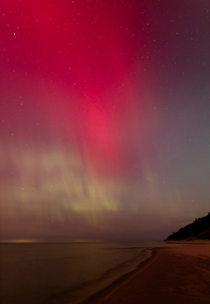 Red and Green Pillars over Lake Michigan